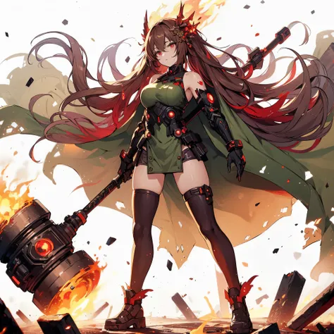 (masterpiece, Best Quality), (detailed hairs), Ultra-detailed, Anime style, Full body, Solo, Cyberpunk weaponsmith girl, head on burning flame crown, brown hair, pale black skin and red eyes, held hammer, red pupils, green wrestler costume, folded arms, bu...