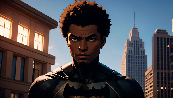 Black Batman without mask, short afro hair, on top of a building, background red