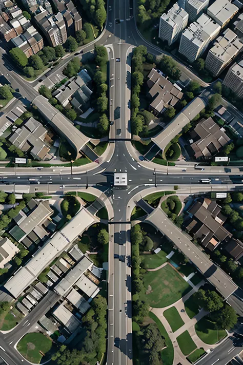 Analyze the urban planning aspects of this cityscape. Discuss the efficiency and challenges of the traffic flow around the roundabout and the surrounding road network