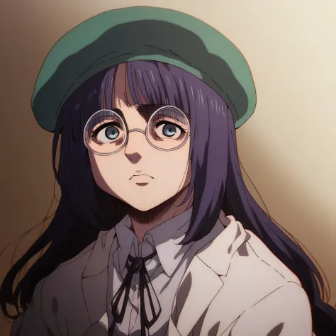 shingeki_no_kyojin_s4_style, portrait, solo,pela is a girl with purple long hair and blue eyes,beret,glasses