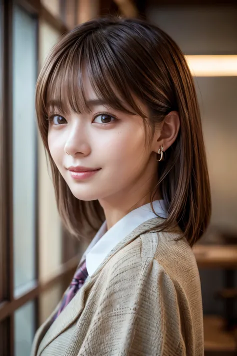 Upper Body、Beauty、Well-formed face、20-year-old、Uniform eyes、Small face、, light brown hair, hair over shoulder, parted bangs, straight hair, expressive hair, shiny hair, earrings, seductive smile, Surrealism, cinematic lighting, first-person view, pov, f/1....