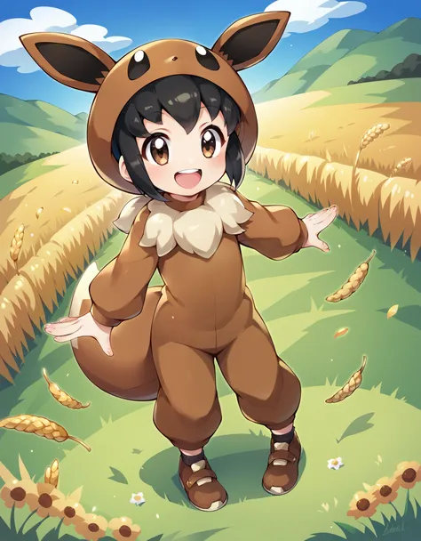 score_9, score_8_up, score_7_up, score_6_up, solo, 1girl, 1pokekid1, black hair, short hair, brown eyes, brown onesie, brown hoo...