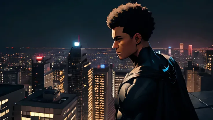 Batman black light skin without mask, short afro hair, on top of a building, background red