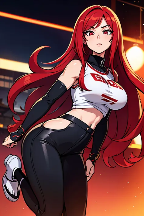 Elvira-4, Beautiful Gynoid,long wavy red hair, silver eyes,big bouncing breasts,[warning a Japanese jacket],[Japanese t-shirt],[Japanese pants],medium:illustrations,detailed face,ultra-detailed,bodydetails,[best quality:1.2],[highres,4k],vibrant colors,bok...