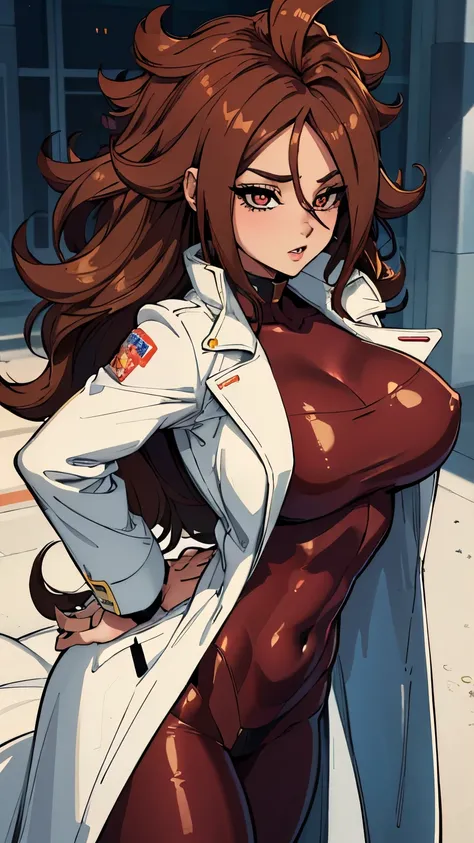 (best quality:1.3), Android 21, ), peituda, clivagem, (brown hair), sedutora, rosto sexy,  sexy, body curvy, bunda grande, (White coat)