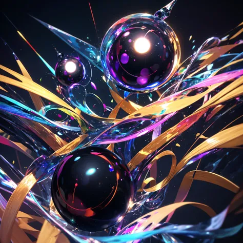 Black  crystal spheres floating in a abstract multiple color background, abstract digital art,3D projections!