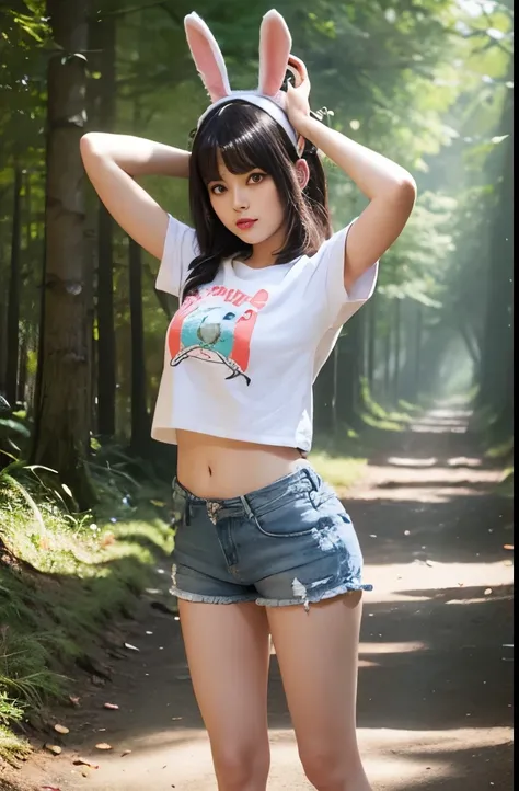 Hair bang, bunny ears headband, ideal , hat, cropped tied t-shirts with text printed, stomach, Short pants, legs, (forest background), vibrant colours, studio lights, gentle lights, dim light, 3D animation