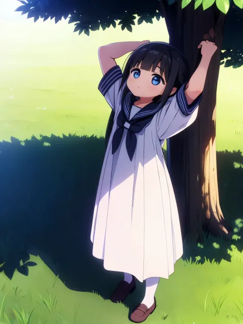 Girl lying in the grass in the shade from under a tree, Long black hair, , Arms above eyes, During a break, ((Wide Shot)), ((Wide-angle)), ((Full body in frame)), Tomorrow Alley、Sailor suit、