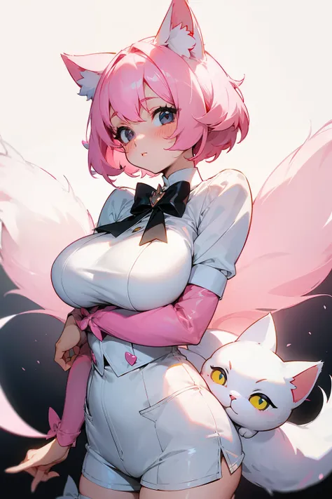 Cute girl, short white hair, white cat ears, white cat tail, black eyes, rosy cheeks, pink hair bow, big breasts, short pants 🎀