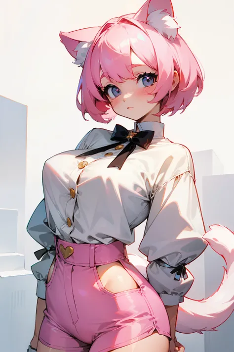 Cute girl, short white hair, white cat ears, white cat tail, black eyes, rosy cheeks, pink hair bow, big breasts, short pants 🎀