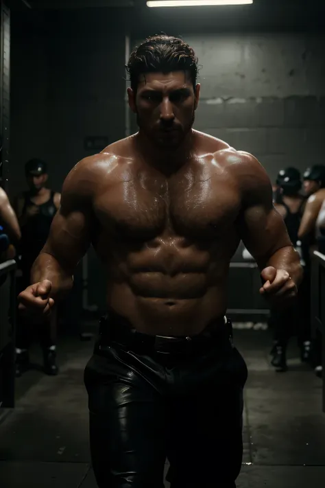  masterpiece, pablo schreiber, criminal, black leather, muscular, sweating, fighting (looks at the viewer:1.2) , (8k, best quality 1.2), ultra-detailed, 8k uhd, soft lighting, high quality, film grain, beautiful lighting, cinematic, sexy, gay