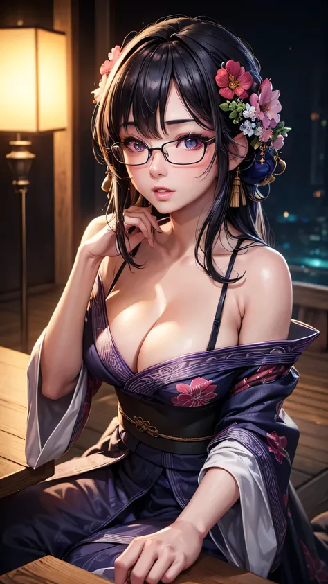 1 girl, glasses, big breasts, loose dark yukata, loose hair, looking at you, sexy pose, blush, night light, detailed face, beautiful eyes, detailed hand, long eyelashes, detailed lips, detailed skin, intricate details, elegant, beautiful lighting, cinemati...