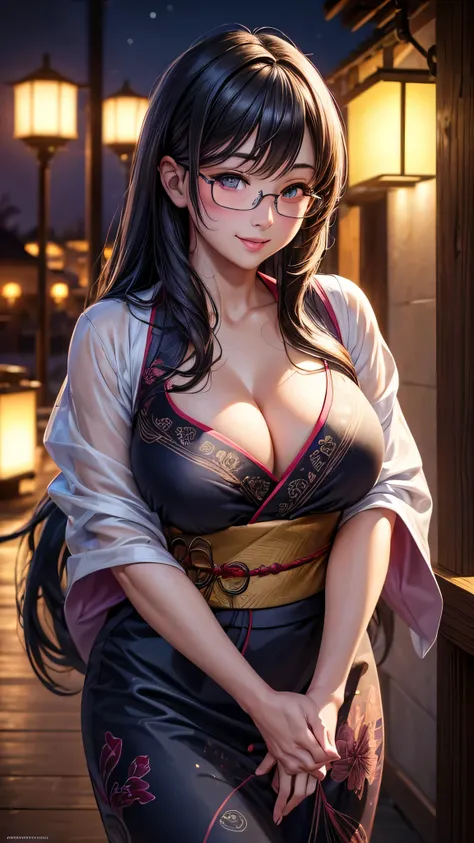 1 girl, glasses, big breasts, loose dark yukata, loose hair, smiling at you, sexy pose, blush, night light, detailed face, beautiful eyes, detailed hand, long eyelashes, detailed lips, detailed skin, intricate details, elegant, beautiful lighting, cinemati...