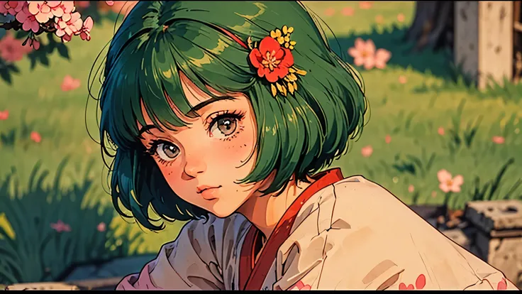 A girl, 80s anime style, retro, lo-fi, outside, kimono, Japanese hair ornaments, cherry blossoms, piercing