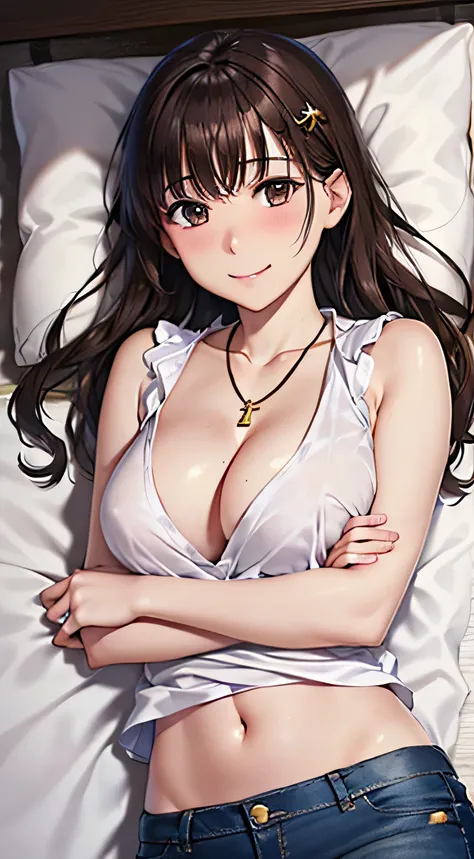 ((Tabletop, Highest quality, High resolution, , Pixel Perfect, 4K,))), 1 female, 、The whole body is visible、 ((Long Wavy Hair, bangs, Brown Hair)), ((Brown eyes, Beautiful eyelashes, Realistic eyes)), ((Detailed face, Blushing:1.2)), ((Smooth texture:0.75,...