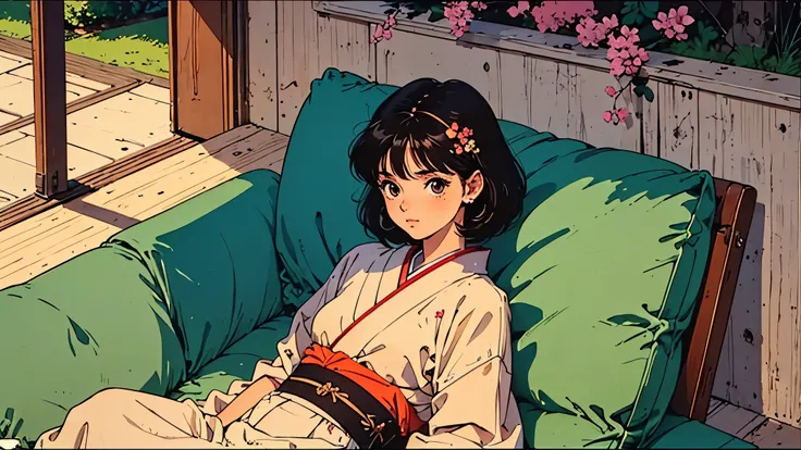 a girl, 80s anime style, retro, lo-fi, outside, kimono, japanese hair ornaments, cherry blossoms, piercing