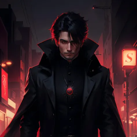 style image of a man in a black coat and a red light, ((best quality)), ((tmasterpiece)), 8k, realistic