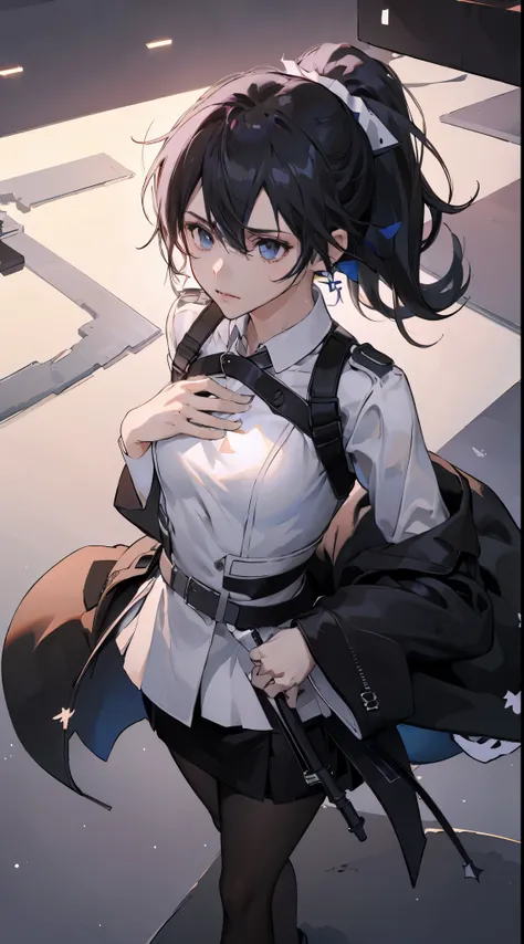 1 girl! Ray Tracing, Best shadow, high resolution (Dim Lights) Detailed background (company) ,Long black hair, Busty girl, high ponytail in the ominous 客厅 avoiding golden eyes (girl in white shirt, Black hip skirt, With black transparent pantyhose), Show y...