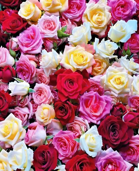 This photo can be described as:A colorful sea of roses,Covered with red、pink、、White and other colored roses。In this sea of roses,Roses of different colors intertwined,Form a brilliant and colorful picture。This colorful sea of roses displays a rich variety ...