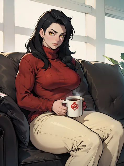 girl muscular girl breasts breasts breasts pale skin black hair yellow eyes baggy sweater (sitting on couch with a mug of hot cocoa)