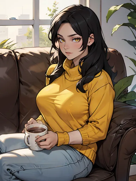 girl muscular girl breasts breasts breasts pale skin black hair yellow eyes baggy sweater (sitting on couch with a mug of hot cocoa)