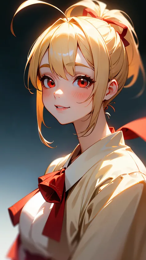 1 Girl、、Sharp focus、(Bokeh) (Highest quality) (Detailed skin:1.3) (Intricate details) (anime)、Blonde ponytail、Red ribbon、Ahoge、Big round red eyes、Upper body close-up、From the side、smile、smile、Park in the background、Soft lighting