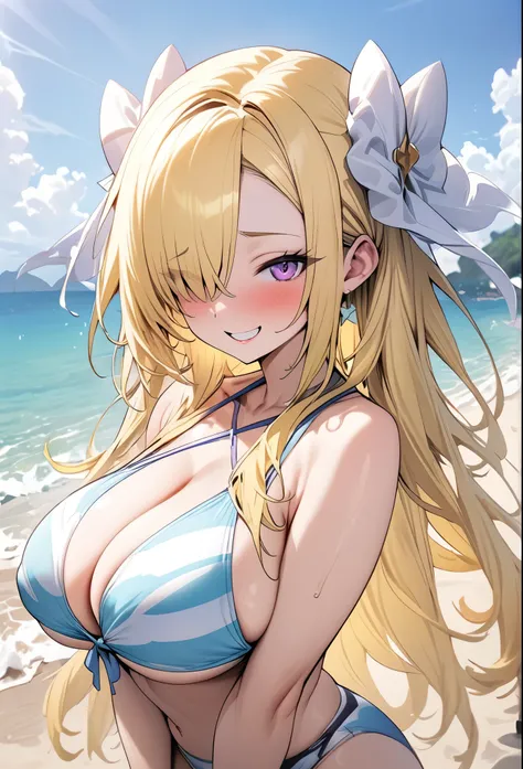 ((Best Quality)), ((Masterpiece)), (detailed), 1 girl, Pastel yellow hair, long hair, hair covers one eye, purple eyes, big breasts, big thighs, expression smiling shy, Swimsuit, in a beach