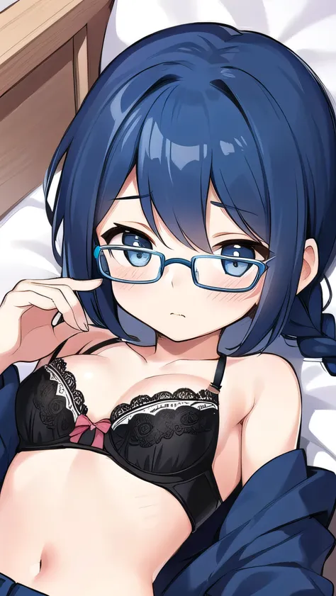 small breasted girl, short, elementary school student, blue hair, single braid, blue eyes, round eyes, shy, shy, , short, young face, short height, , glasses with no edges,Lingerie Set，bed，bed,lying on back，(her bra is visible:1.2)