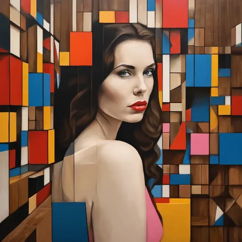 piece of art, girl in geometric shapes , against the background of a wooden shelf, in the style of Piet Mondrian, inspired by Pink Floyd&#39;s work 