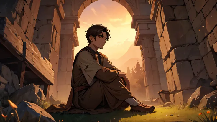 Prophet Joel, young man with short dark brown hair and ancient poor clothes from the 1st century BC, dark brown, light brown eyes, 25 years old. sad and crying sitting on a hill at sunset