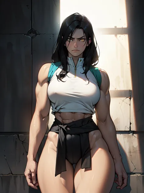 (((muscular girl))) ((thin waist toned body large breasts thick thighs)) pale skin girl black hair yellow eyes frown chiaroscuro drop shadow backlighting god rays