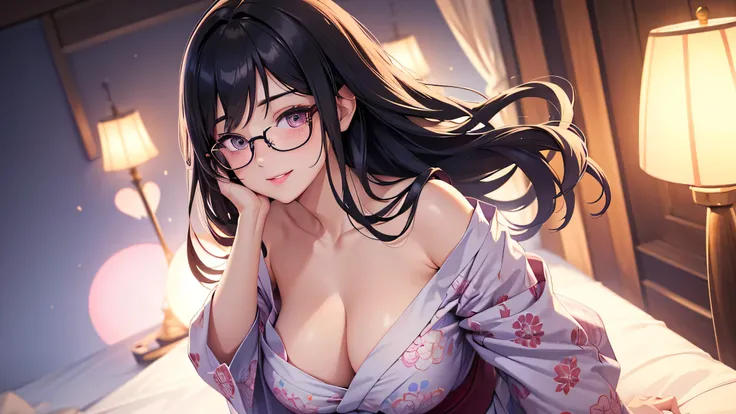 1 girl, stand, glasses, ideal breasts, unbuttoned yukata, loose hair, smile, puff your chest forward, blush, night light, detailed anime face, beautiful eyes, detailed hand, long eyelashes, detailed lips, detailed skin, intricate details, elegant, beautifu...