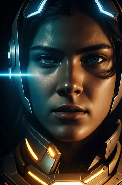 Intensely the film, a captivating poster. The composition exudes cinematic lighting and color gradation. Show the face of a Cyborg teenager, half of the teenagers face and half of the robots face. With a futuristic atmosphere, with flashy lights.