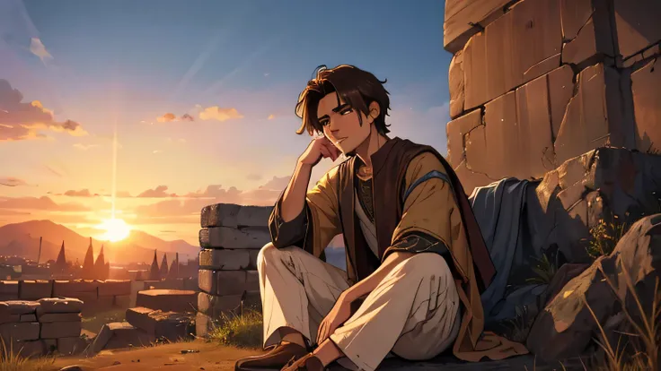 Prophet Joel, young man with short dark brown hair and ancient poor clothes from the 1st century BC, dark brown, light brown eyes, 25 years old. sad and crying sitting on a hill at sunset