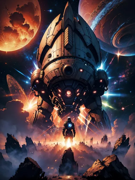 Produce an hyper-detailed portrayal of gigantic wars in the outer space between human race and alien, spaceship, laser beam, explosion, shining stars, battleships, The atmosphere should echo the epic galactic wars, hyper detailed image, 32k, extremely high...