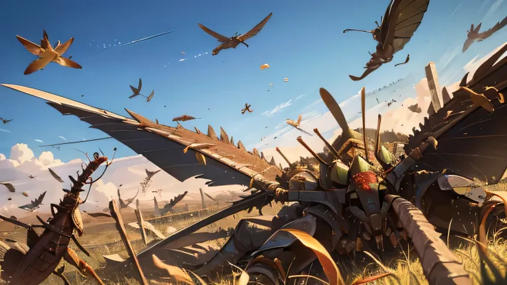 plague of thousands of grasshoppers and locusts flying in the sky of the 4th century BC