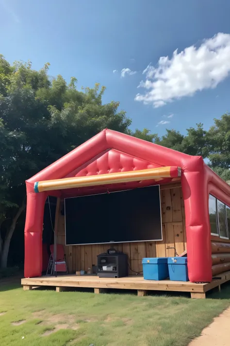 front of an inflatable cinema in the style of a shed rustic