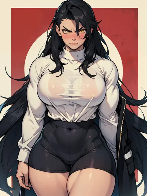 1girl solo black hair yellow eyes very long hair pale skin muscular muscular muscular muscular toned body huge muscles thick thighs girl tight clothes angry blushing tight shirt long sleeves thick thick thick