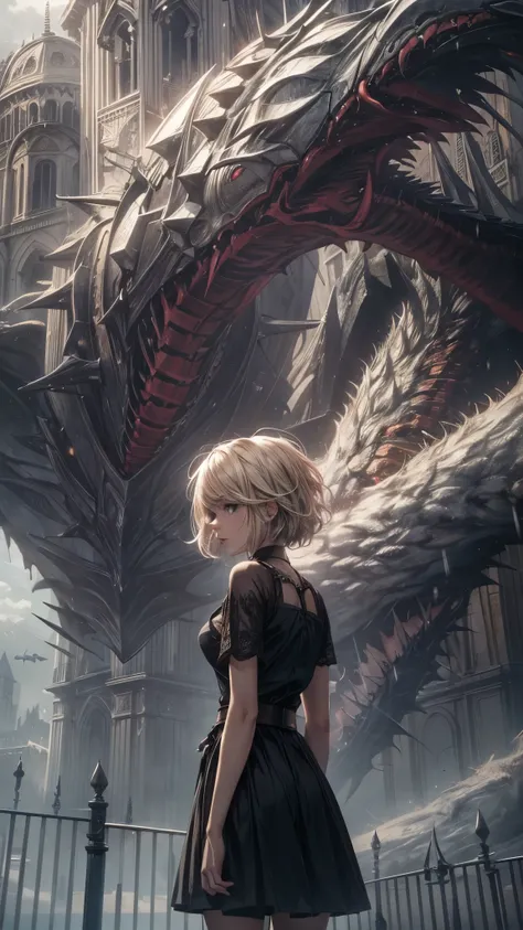 One 20 years old woman ,short blonde hair,a_huge_walled_city,cloudy_atmosphere,terrifying_monsters,dark_fantasy,cinematic_lighting,moody_colors,dramatic_composition,intricate_details,highly_detailed,8k_resolution,photorealistic,hyper_realistic,masterpiece