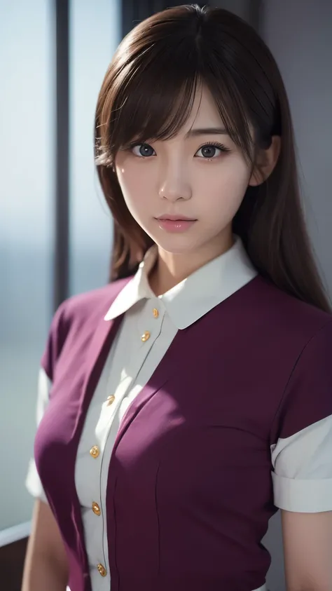 Beautiful young Japanese woman, Around 20 years old, Wearing a stewardess uniform, Super detailed, 8K resolution, Very realistic, Cinema Lighting, Highest quality, masterpiece, Realistic, Physically Based Rendering, Very detailed, Vibrant colors, Professio...