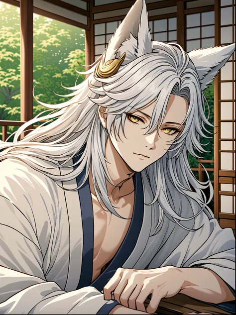 ((highest quality)), ((masterpiece)), (detailed), ((perfect face))、miyabi、male,  銀髪のmale性キャラクター。he has long, flowing hair and pi...