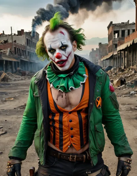 A post-apocalyptic zombie clown with decayed makeup, green toxic smoke rising from his face, and rugged clothing. The background is a dark, ruined city.