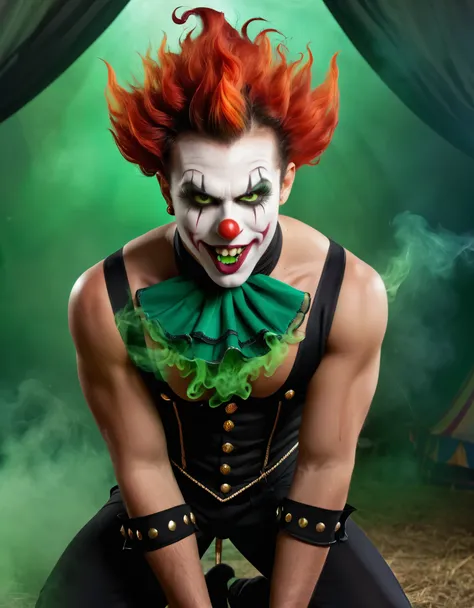 A circus-themed demon clown with fiery makeup, green demonic smoke rising from his face, and circus attire. The background is a dark, twisted circus tent.