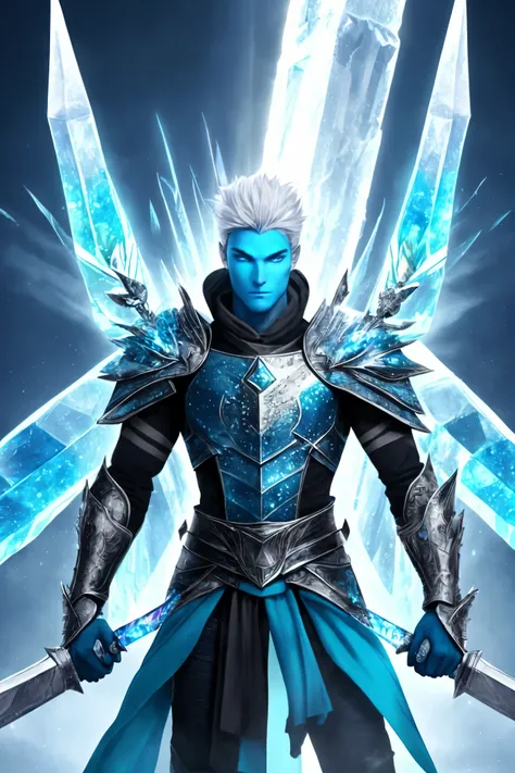 A towering ice warrior, adorned in shimmering, frost-encrusted armor, boldly strides across the radiant rainbow bridge. His breath fogs in the air, crystallizing as he emits a chilling fog, and his piercing blue eyes gleam with an icy resolve. In his hand,...