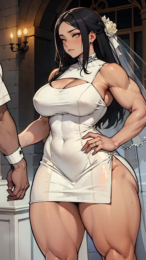 wide hips curvy thick thighs voluptuous large breasts muscular toned body bodybuilder black hair pale skin yellow eyes skintight expressionless sad sad wedding dress wedding dress wedding dress 