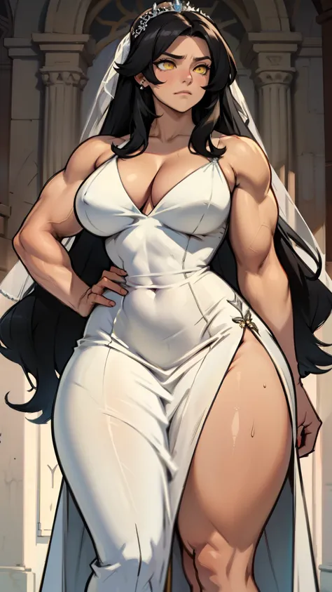 wide hips curvy thick thighs voluptuous large breasts muscular toned body bodybuilder black hair pale skin yellow eyes skintight expressionless sad sad wedding dress wedding dress wedding dress solo