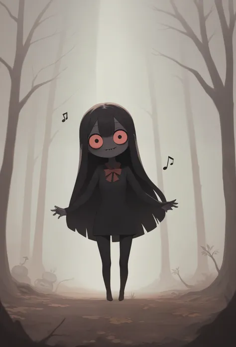 score_9, score_8_up, score_7_up, score_6_up, score_5_up, score_4_up, cute devil singing song, evil smiles, dancing notes, big trees in the forest, cute horror fantasy, disney-style horror effects,pure black skin,chibi,slim,big eyes,long shot,small kid