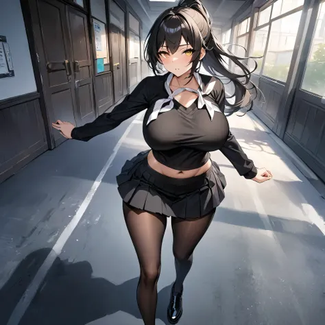 A woman wearing a black school t-shirt with long sleeves, a short black skirt, black tights, black womens shoes, exposed abdomen, large breasts, white bow around her neck, long black hair, ponytail hair, white bow in her hair, walking in a Japanese school ...