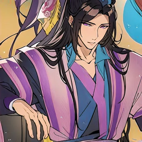 (masterpiece, best quality:1.2), 1male, solo, jiang cheng, mo dao zu shi, mdzs, purple and black clothes, purple eyes, long black hair, perfect anatomy, perfect upper body,