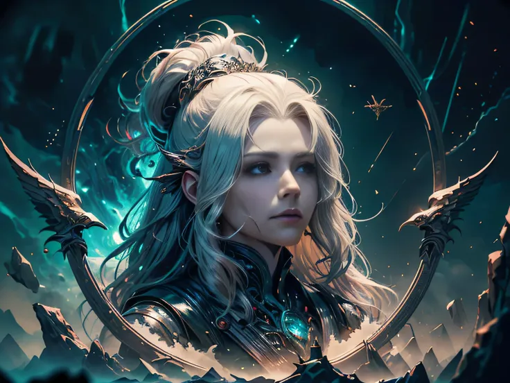 (Best Quality, 8K, Masterpiece, HDR, Soft Lighting, Picture Perfect, Realistic, Vivid), Male Humanoid Dragon (1.0), 1 Guy, Perfect Face, Super Detailed Photo of a Gorgeous Humanoid Dragon Man with Long White Hair, Side by Side lies a white dragon, Beautifu...